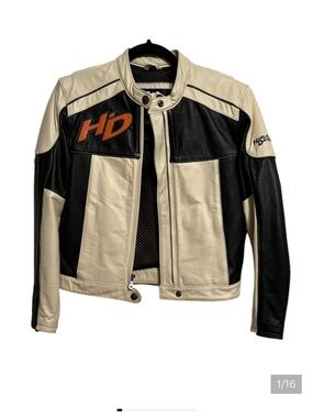 Harley Davidson Legend Cream + Black Leather Zip Biker Racing Jacket woman’s xs